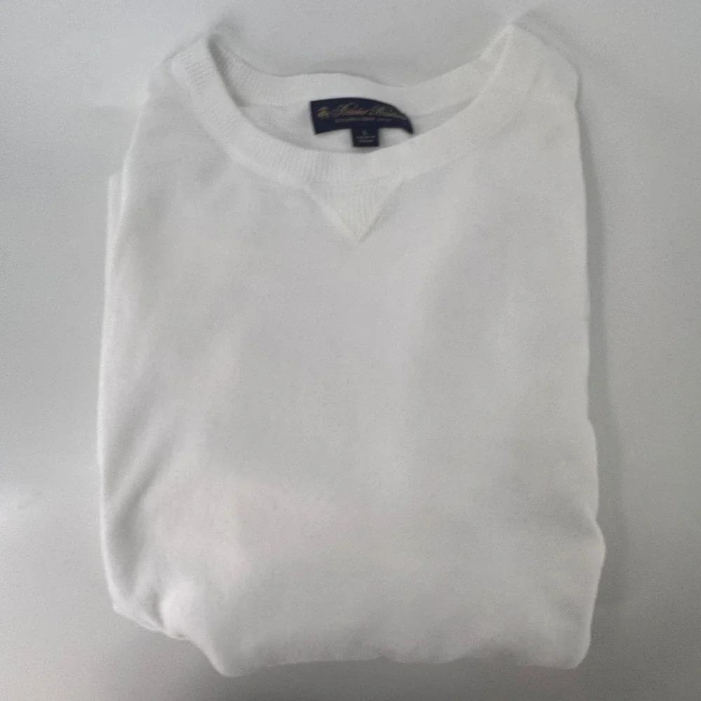 Brooks Brothers Mens White Cotton Crewneck Sweater V-Stitch Ribbed Trim Large